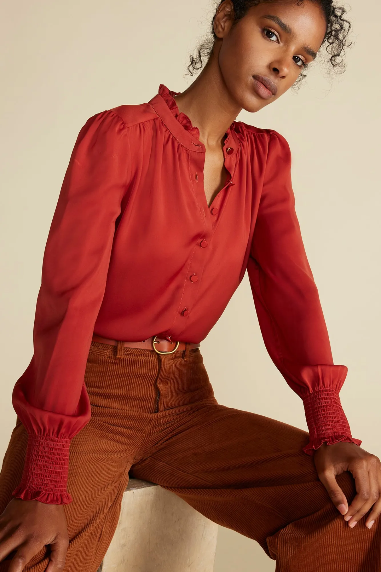 Amour Vert Charlotte Ruffled Recycled Sateen Blouse- Blouses & Shirts|Tops