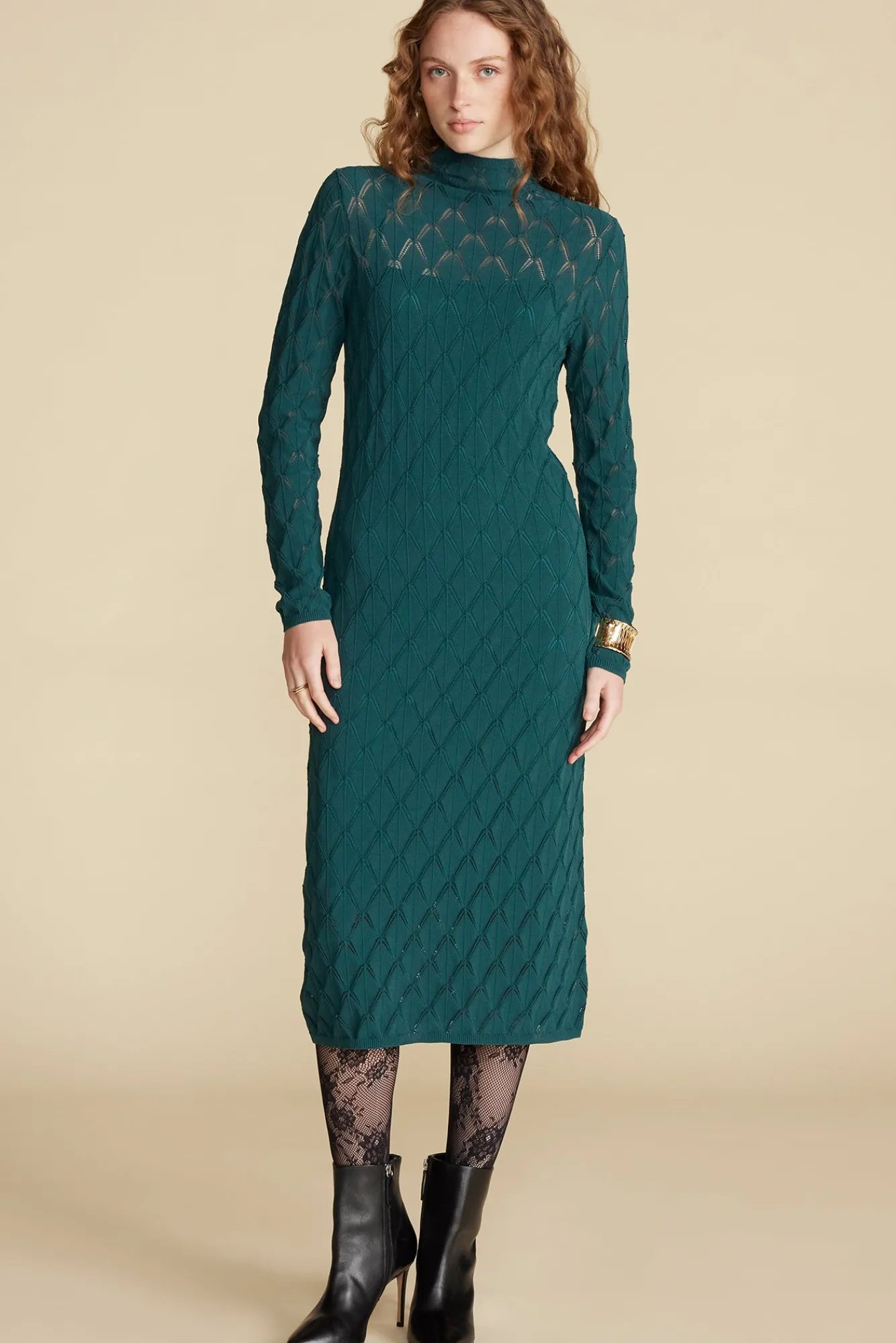 Amour Vert Dore Diamond Pointelle Midi Dress- Dresses